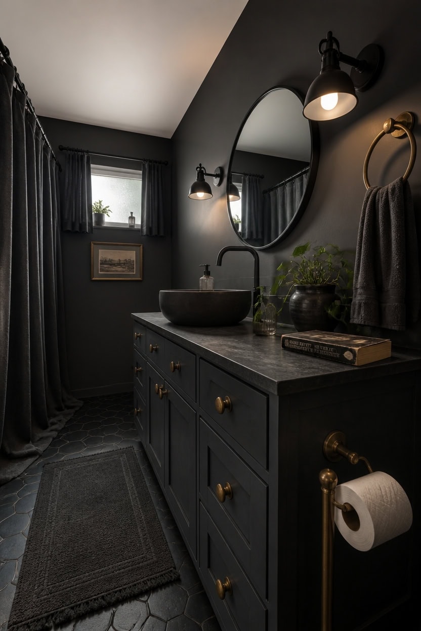 warm charcoal bathroom styling