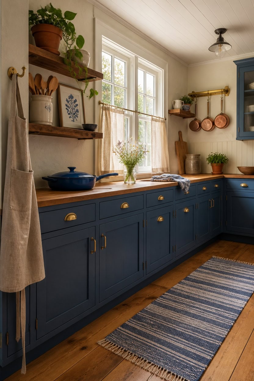 Bright kitchen with blue cabinets and wooden accents.