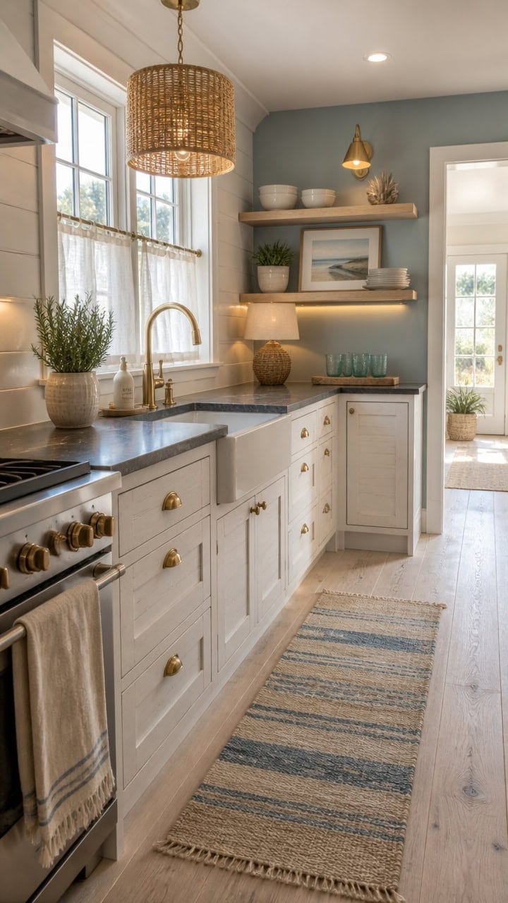 Bright and inviting kitchen featuring white cabinetry, open shelving, and large windows for a welcoming home atmosphere.