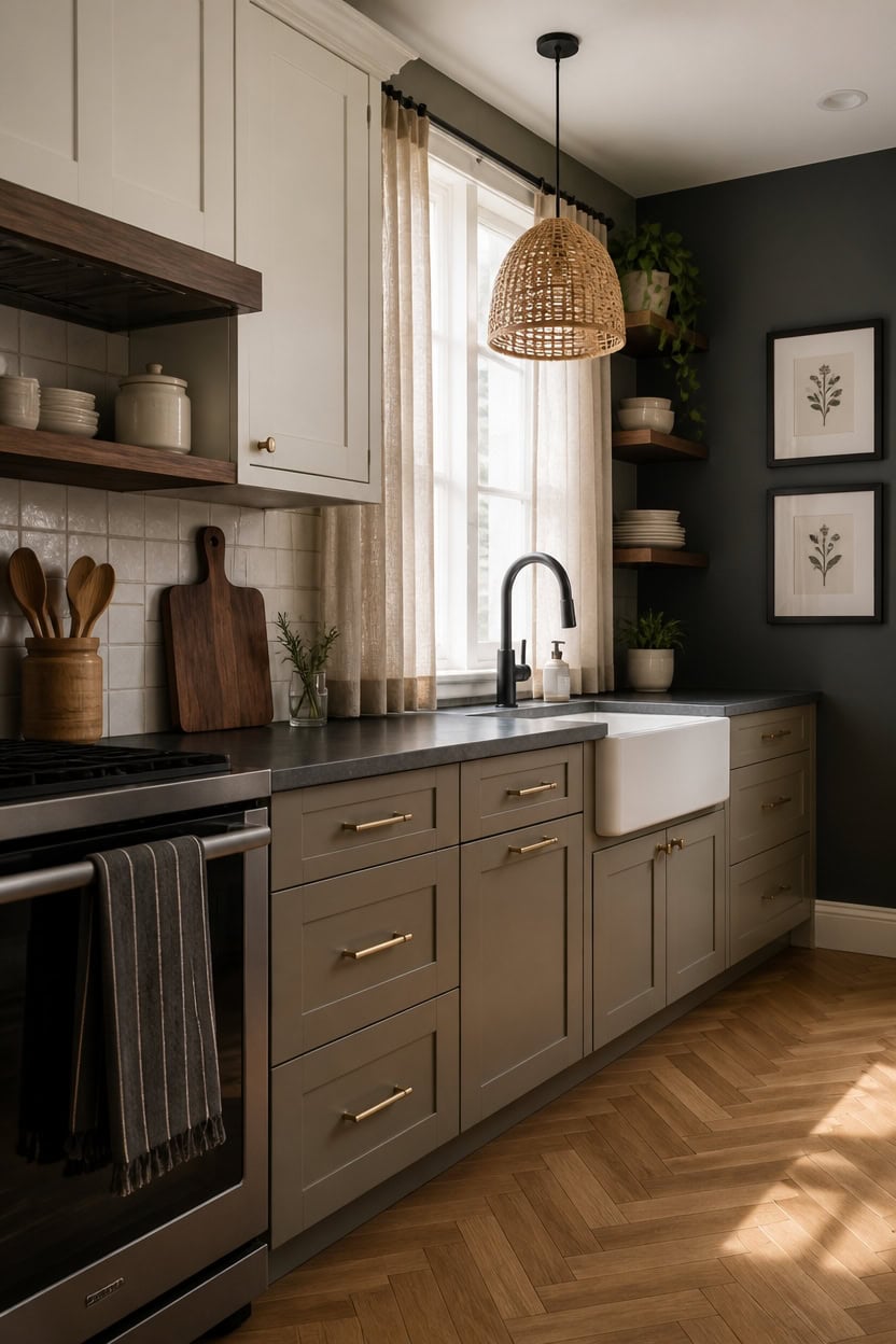 warm contrast with gray cabinetry