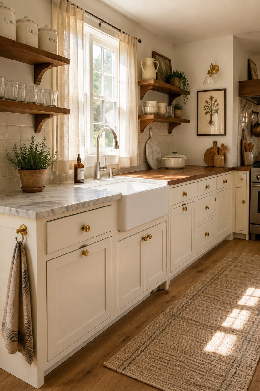 Bright kitchen with white cabinetry and open wooden shelves.