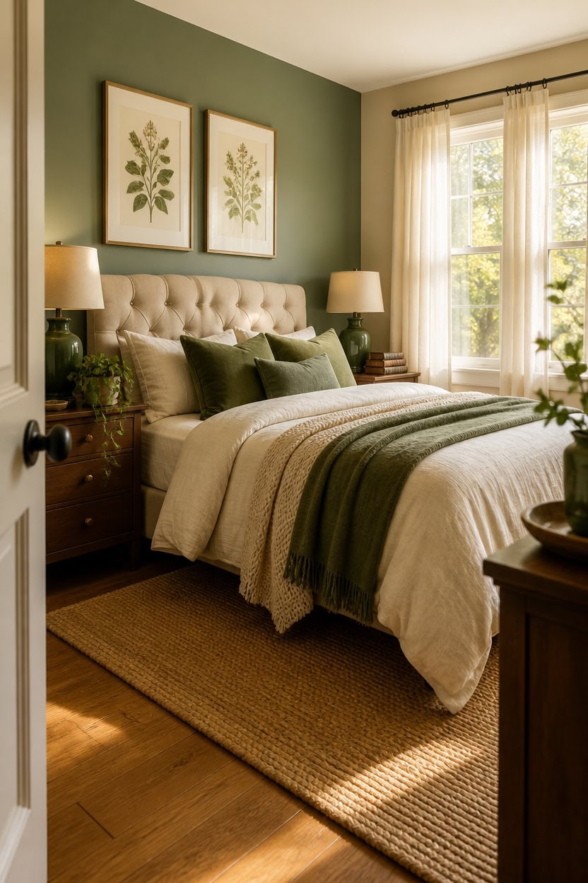 Bright bedroom featuring a tufted headboard, green and beige bedding, and large windows with sheer c.