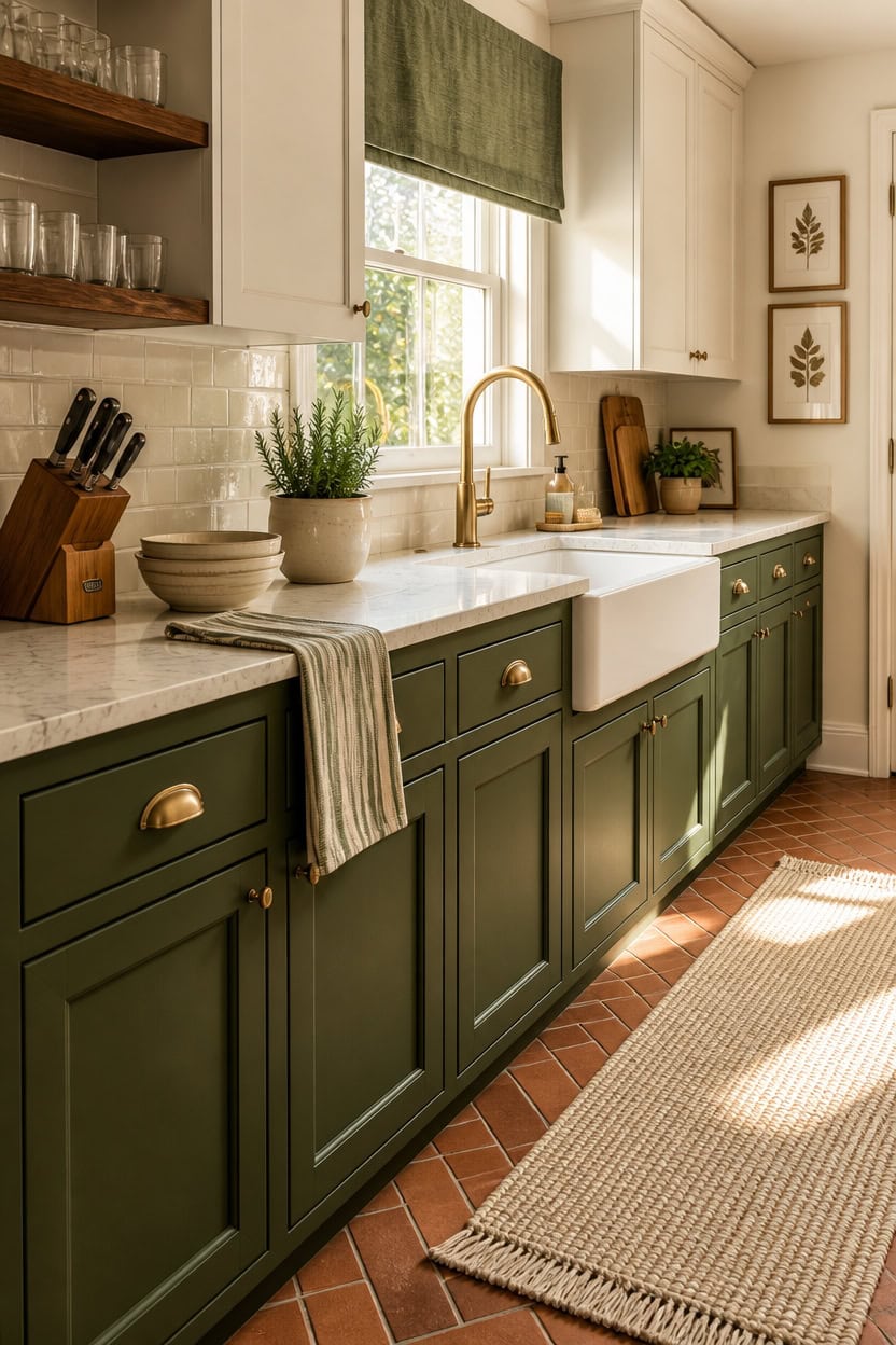 Bright kitchen with green cabinets, farmhouse sink, and natural light.
