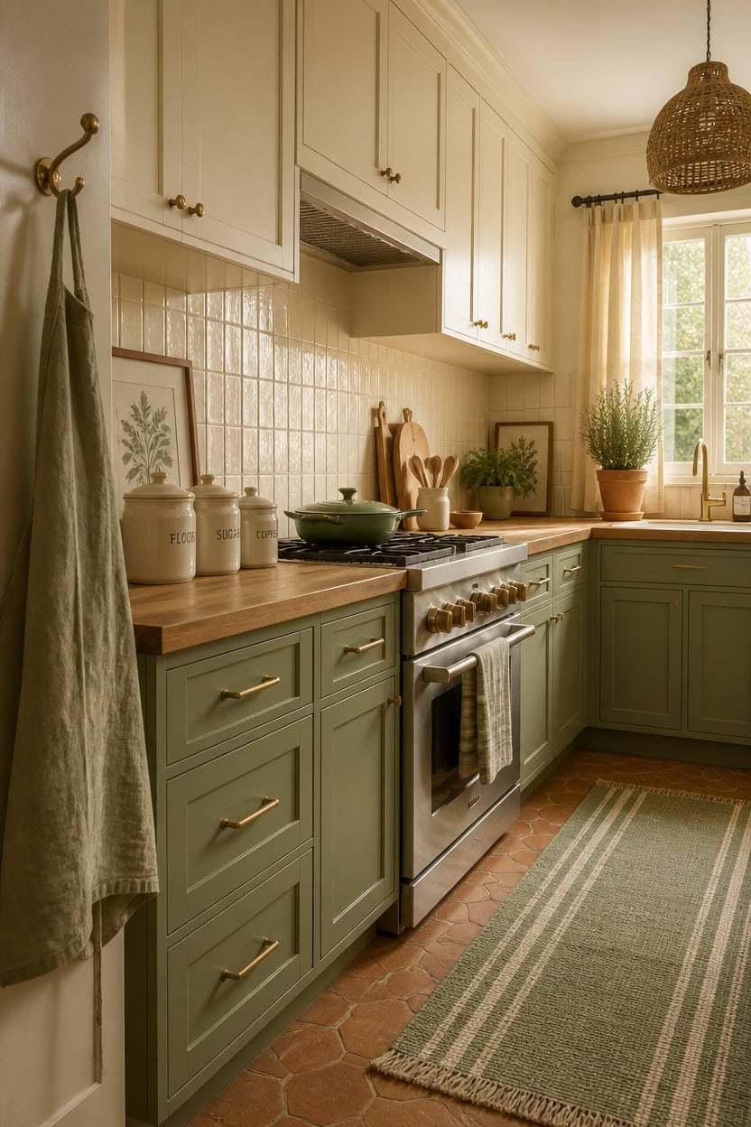 Bright kitchen with green cabinets, wooden countertops, and large window letting in natural light.