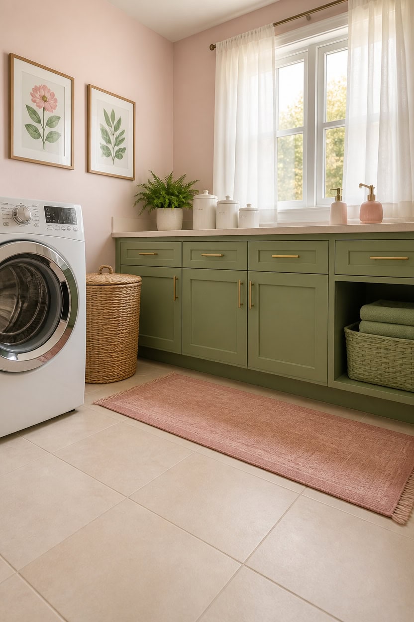 Bright laundry room featuring green cabinetry, a front-loading washing machine, and soft natural lig.