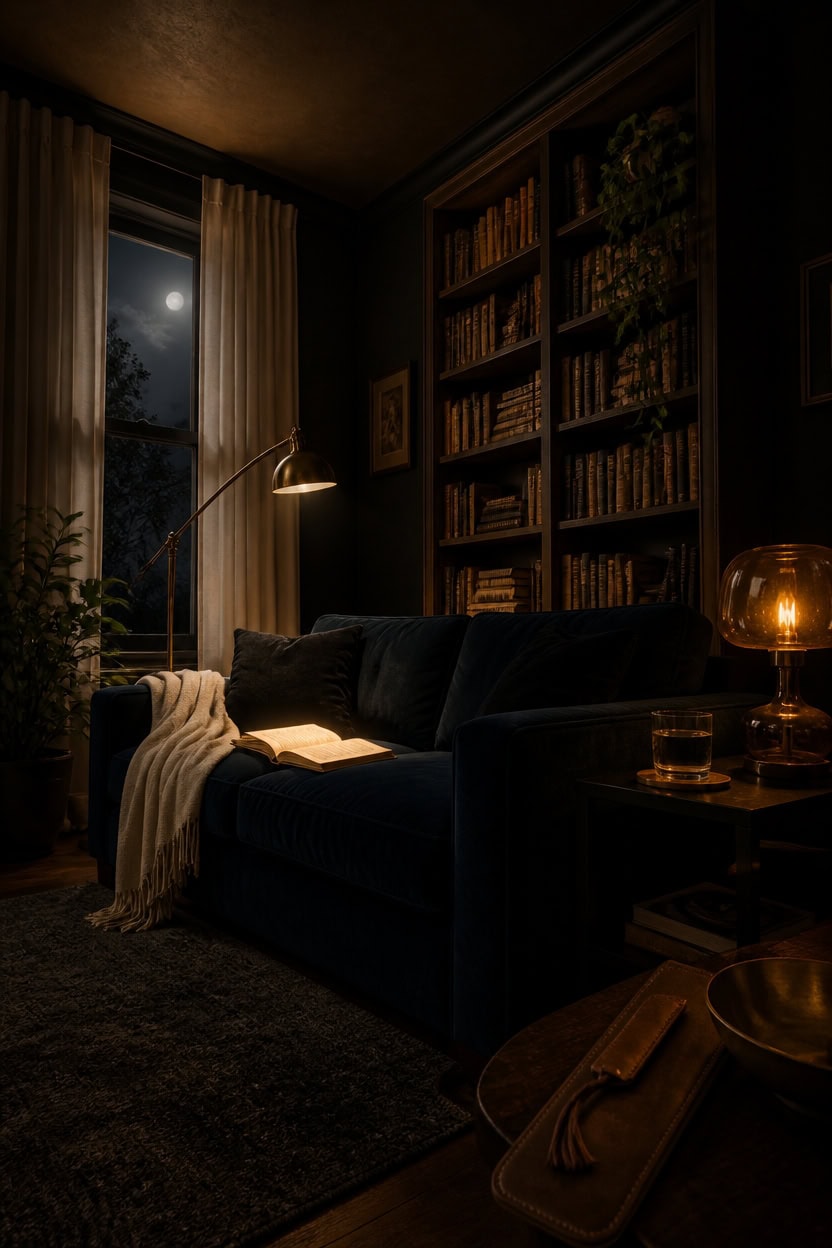 warm dark cozy reading room
