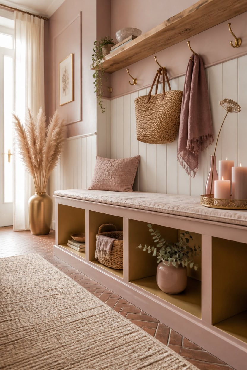 Inviting entryway with a cushioned bench, hanging baskets, and decorative candles.