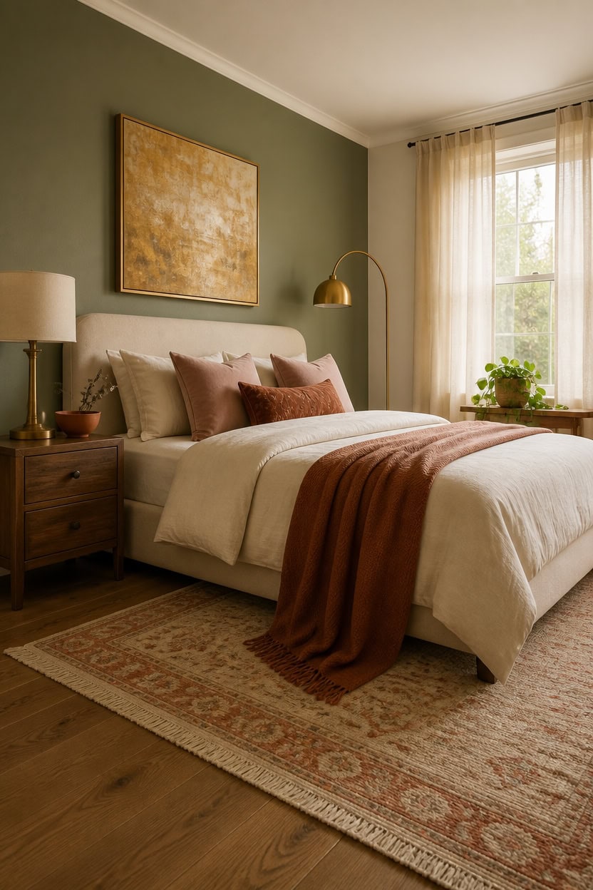 Cozy bedroom featuring a green accent wall, elegant bedding, and natural light from large windows. P.