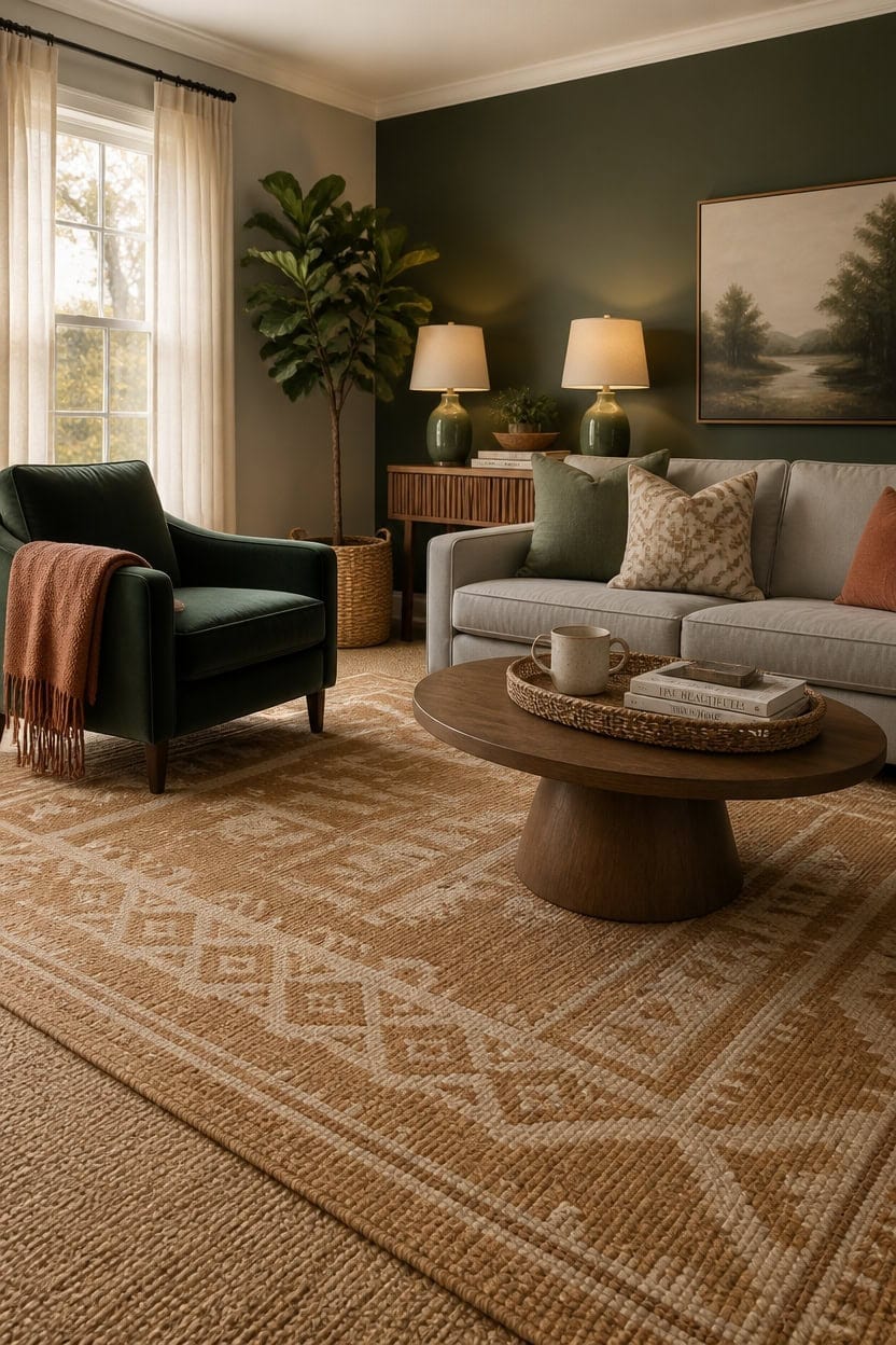 Bright living room with green and gray tones, perfect for relaxed, guest-free home styling. Elegant furniture and natural lig.