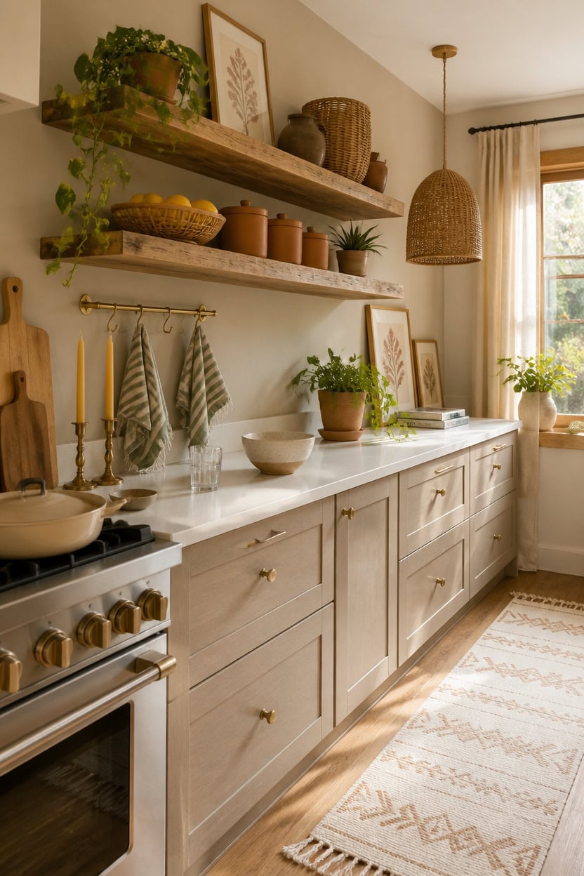 Bright and inviting kitchen featuring natural wood accents, open shelving, and lush greenery. Perfec.