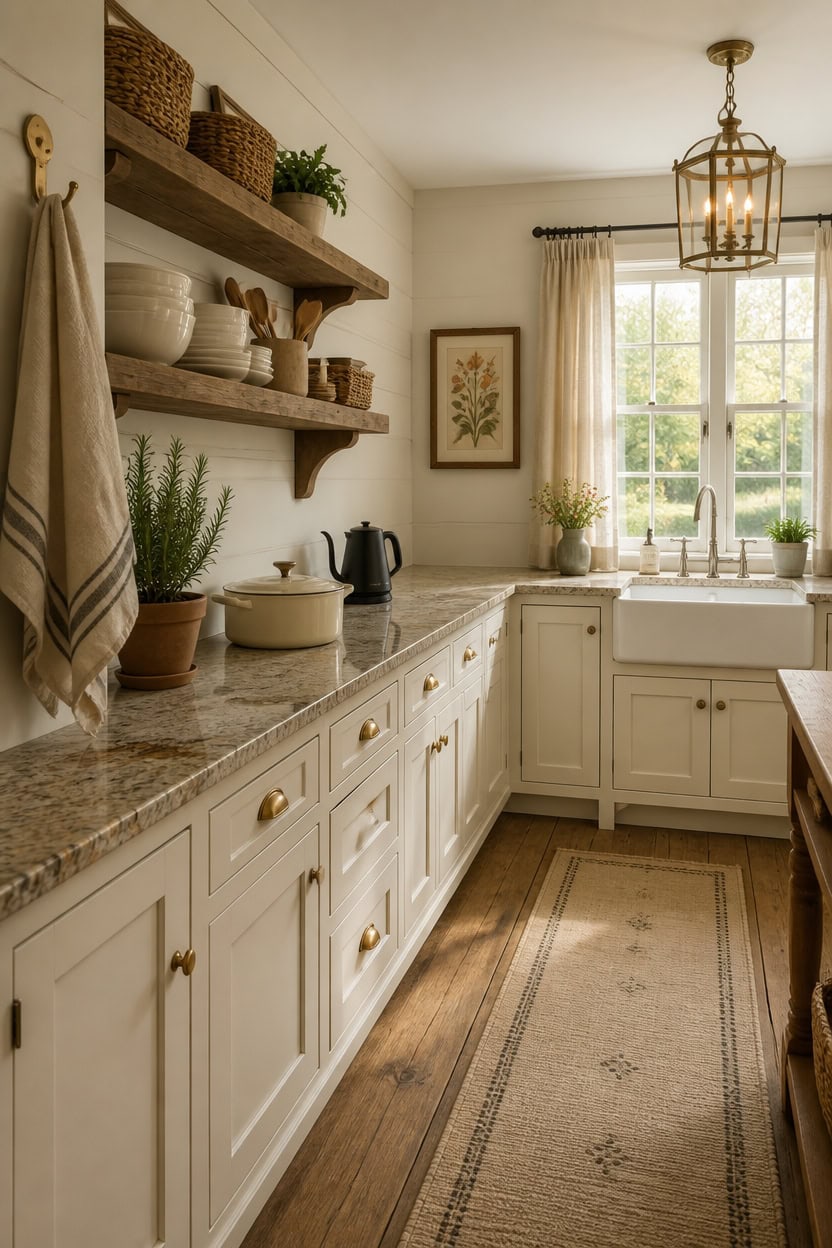 Bright and airy white kitchen with open shelves, natural light, and rustic decor.