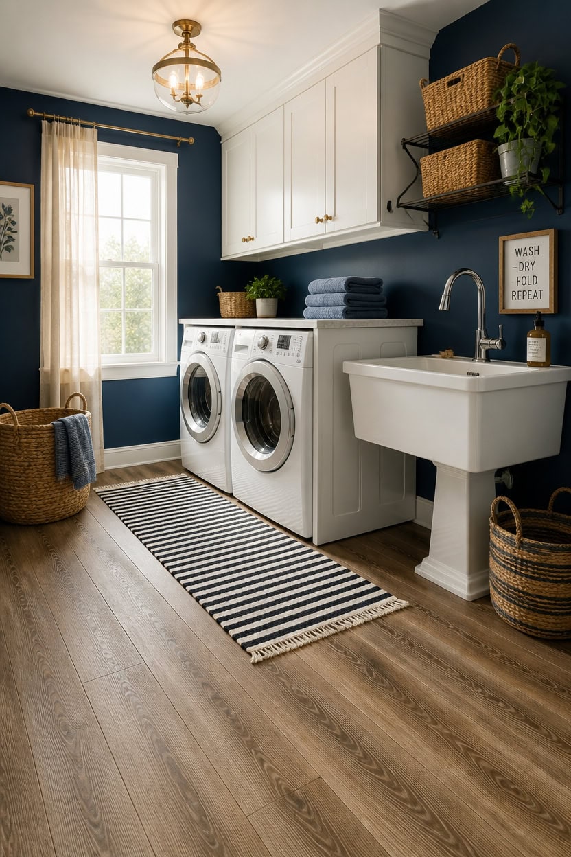 Laundry room with white cabinetry, farmhouse sink, and washer/dryer in a modern apartment.
