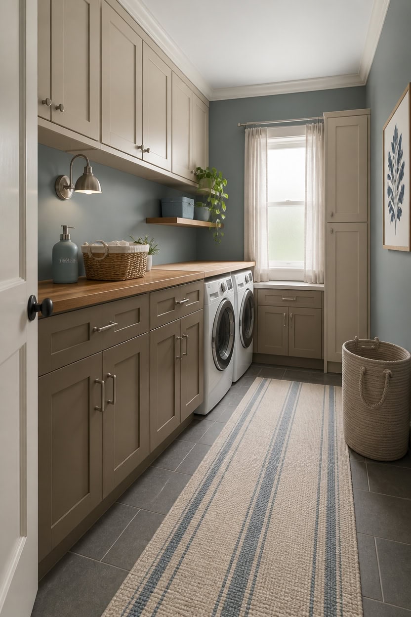 Laundry room with washer and dryer, beige cabinets, and natural light.