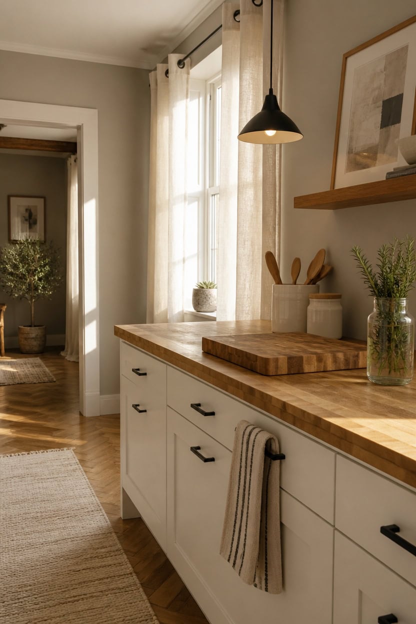 Bright kitchen with large window, wooden countertop, and stylish decor accents.