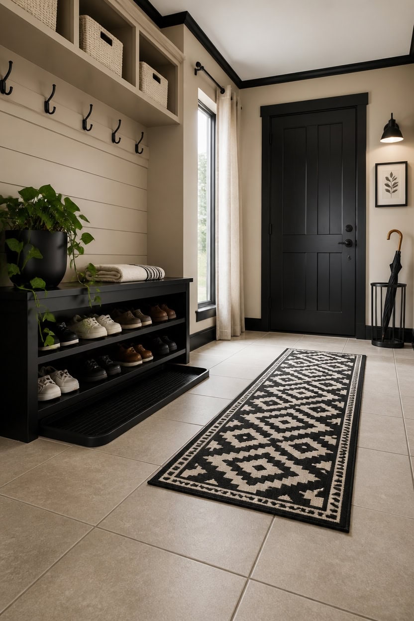 Entryway with shoe rack, black door, and decorative accents.