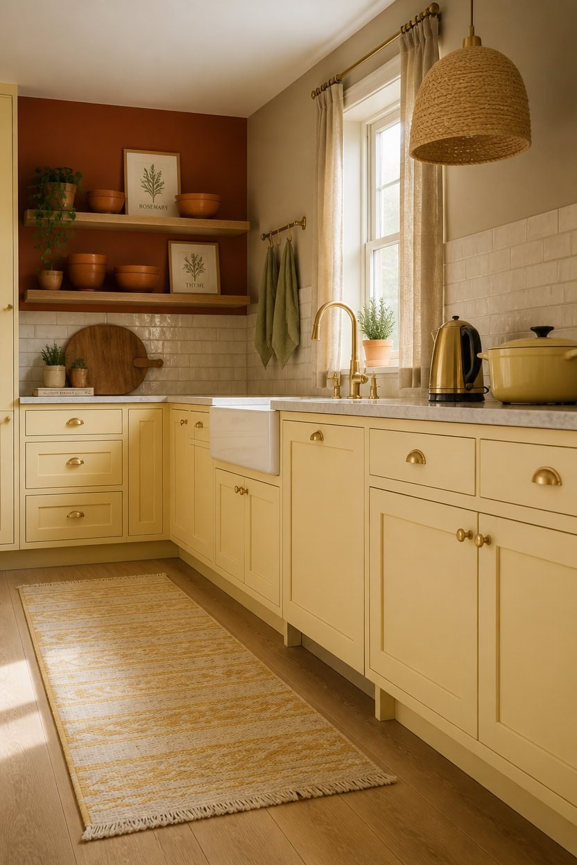 Bright and cozy kitchen with cream cabinets, open shelves, and natural sunlight.