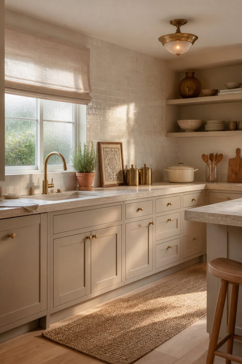 Bright kitchen with white cabinetry, open shelves, and natural sunlight streaming through the window.