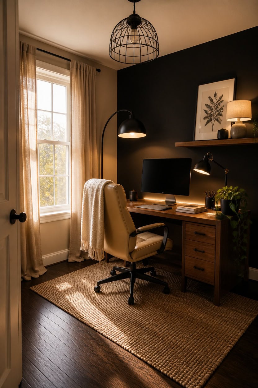 Comfortable home office with desk, computer, and warm lighting near window.