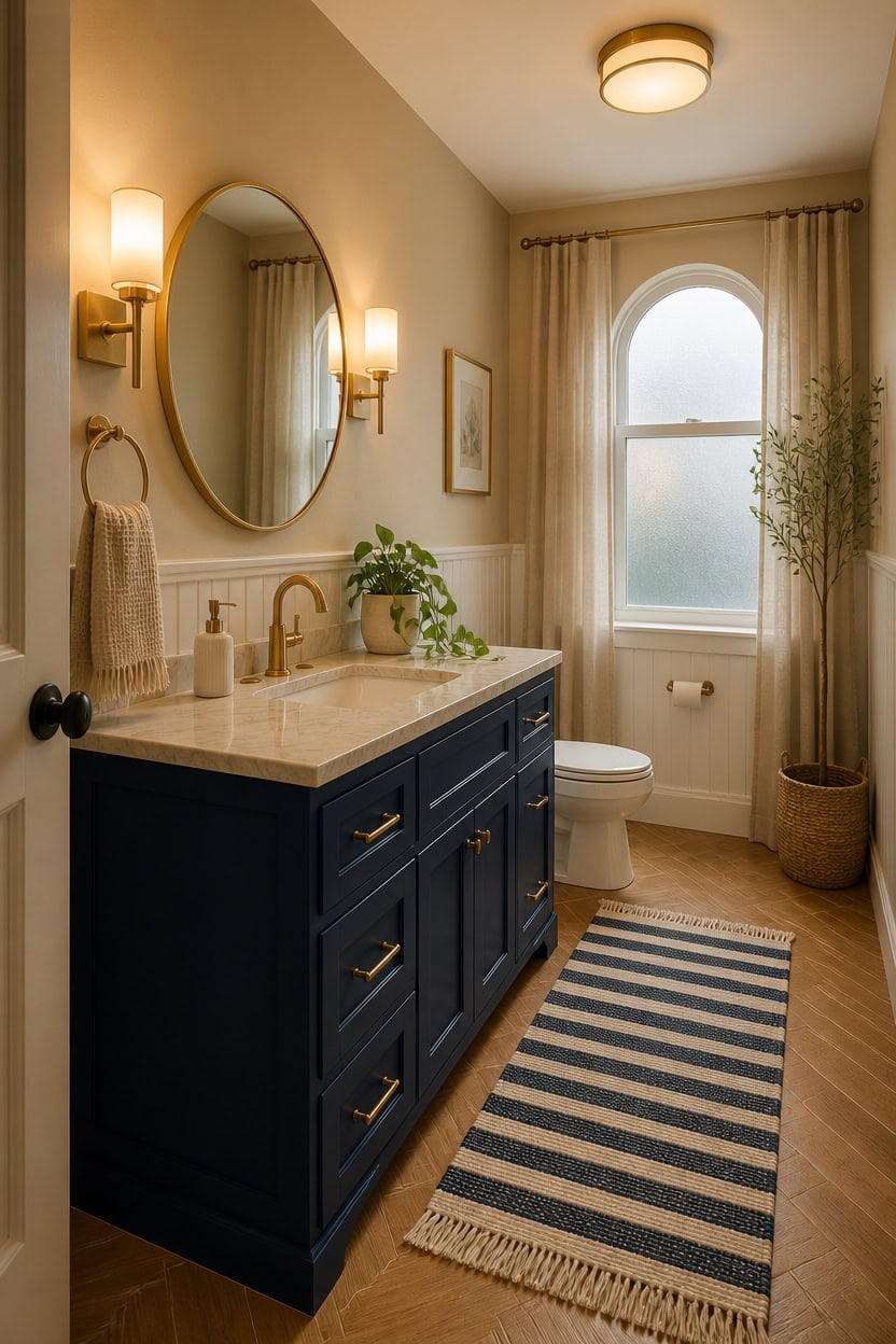 Bright bathroom featuring a navy blue vanity, large mirror, and natural light from a window.