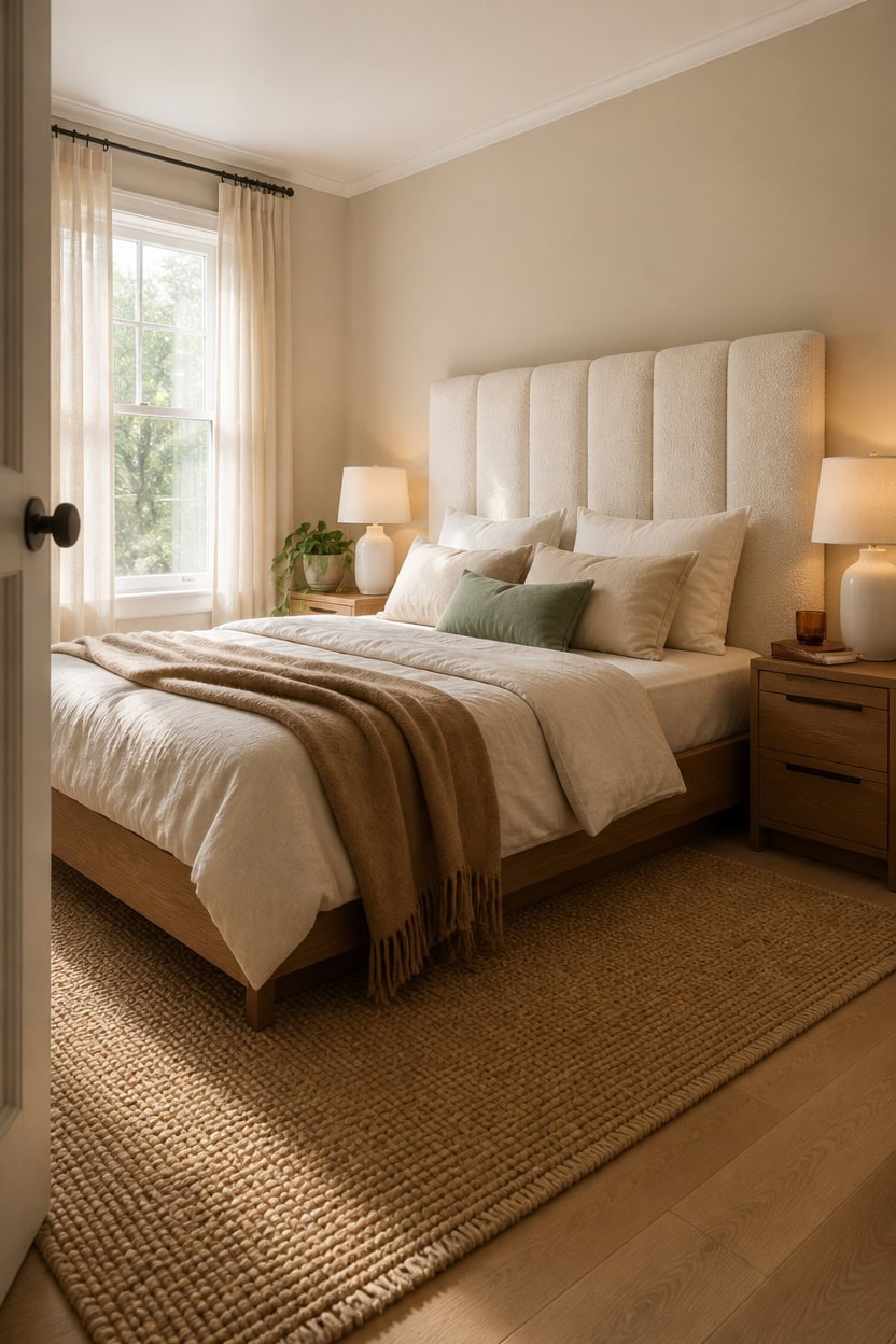 Bright bedroom with large window and soft neutral tones, perfect for relaxing and restful sleep.