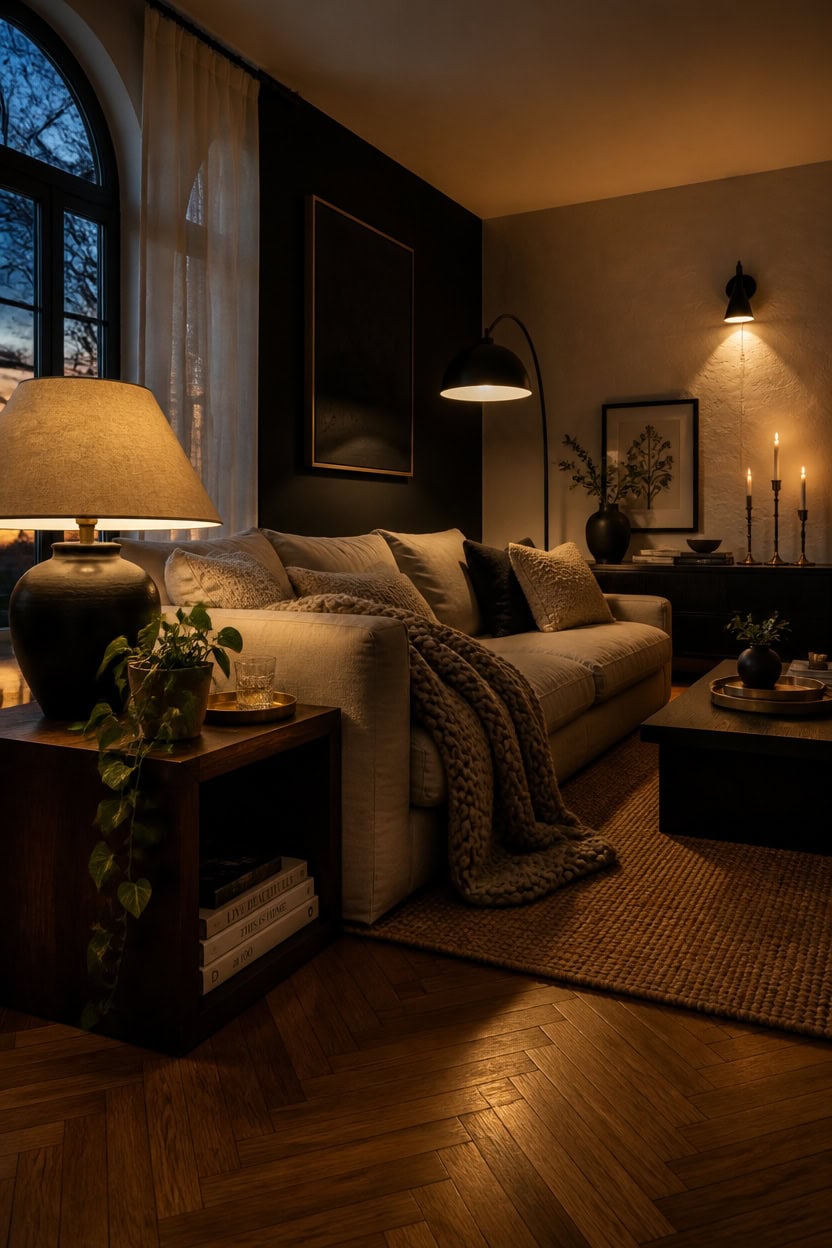 Warmly lit living room with sofa, lamps, and decorative accents in a modern apartment.