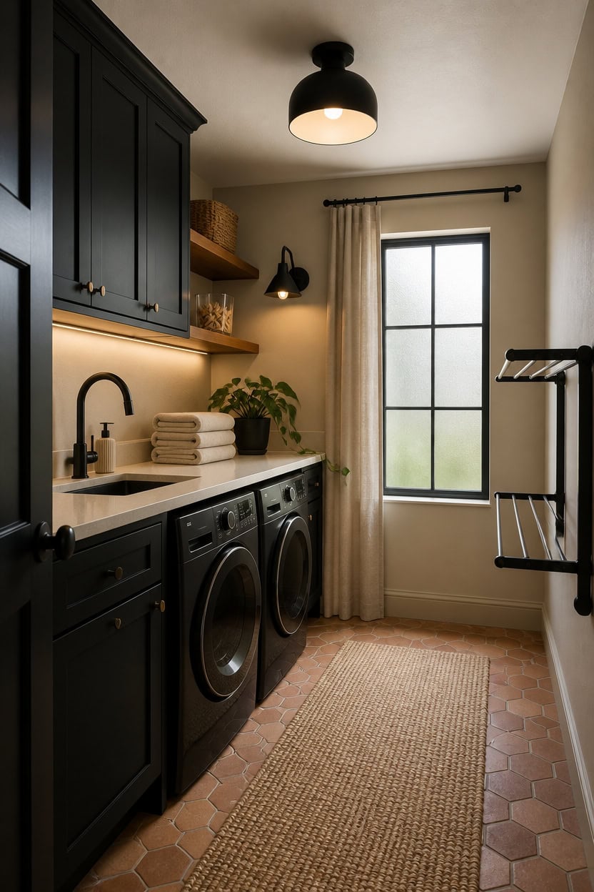 Laundry room with stylish black cabinetry, washer and dryer, and natural light from large window.