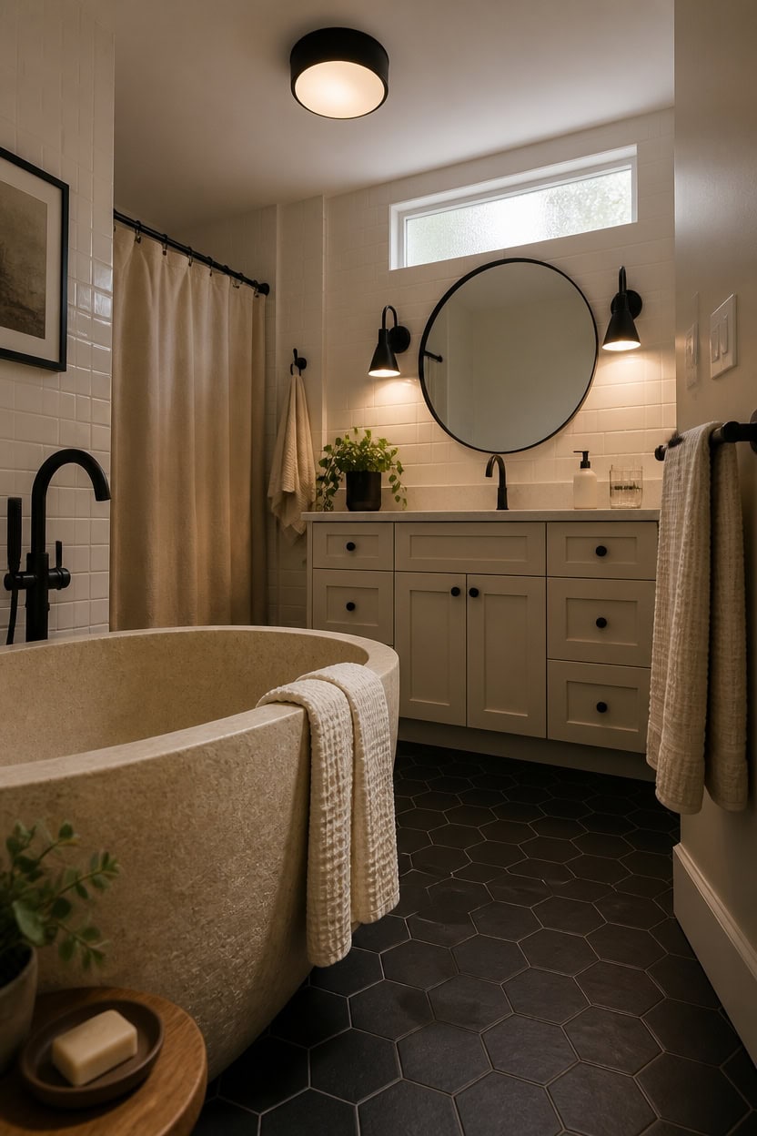 Bright modern bathroom with a freestanding bathtub, large round mirror, and stylish lighting fixture.