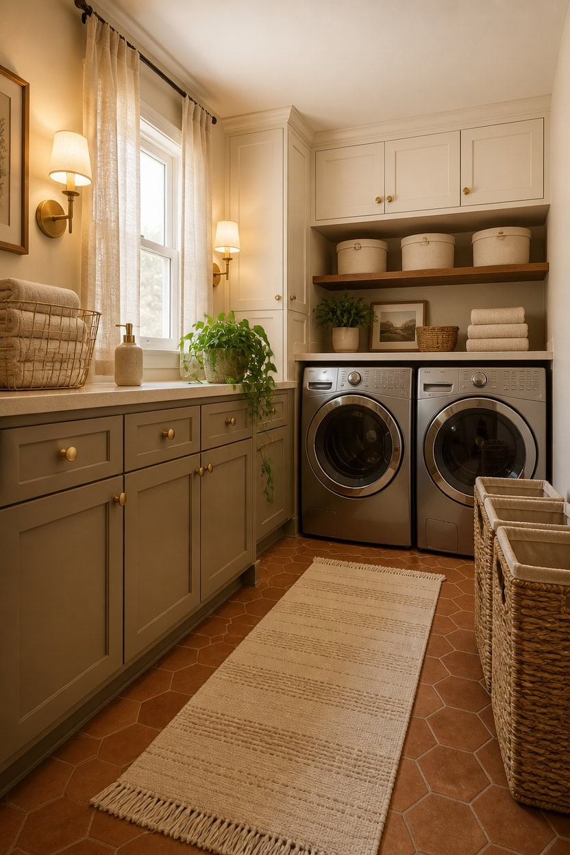 Bright laundry room featuring front-loading washer and dryer, ample storage, and natural light from large windows.
