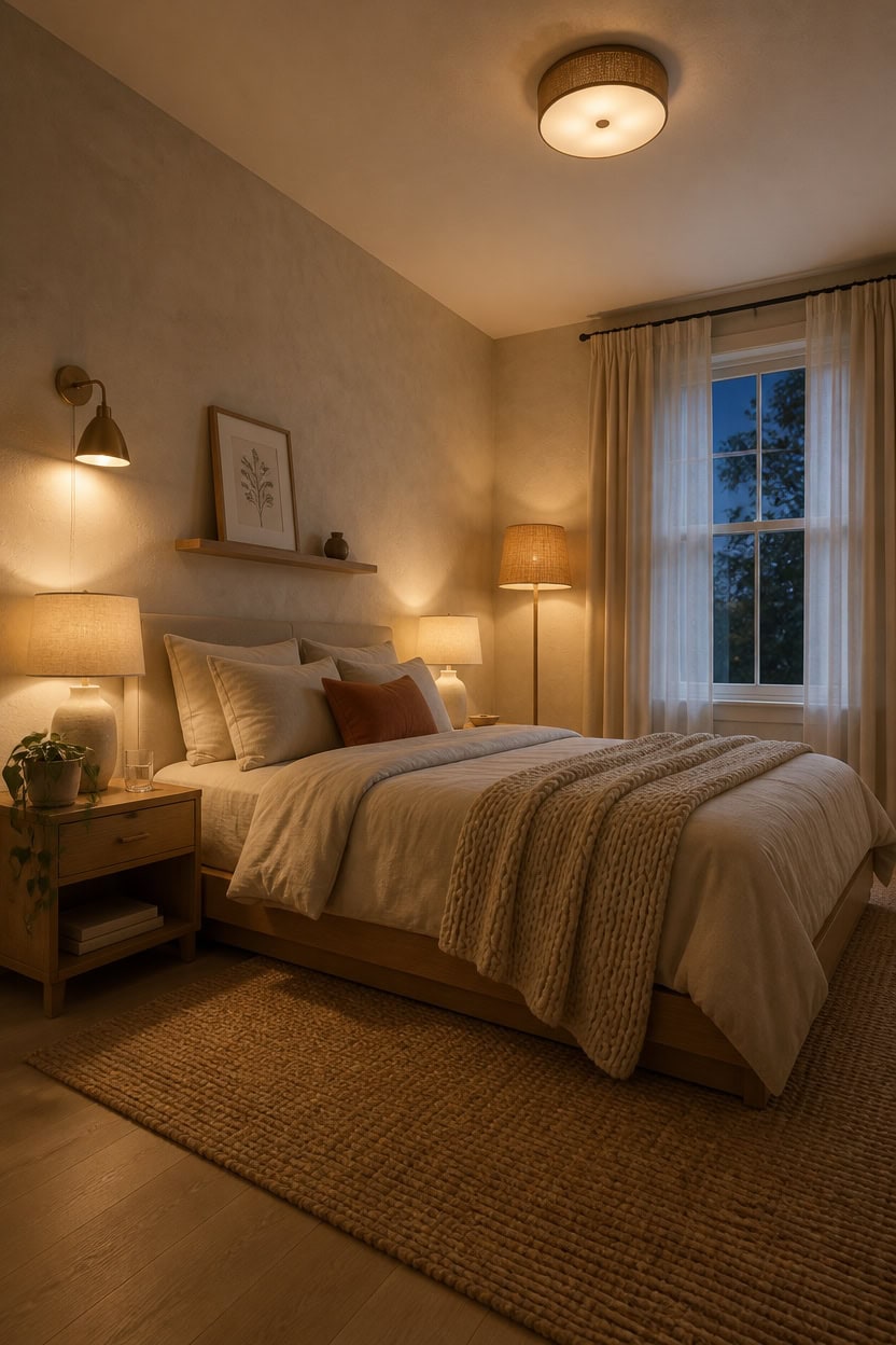 Cozy bedroom featuring warm lighting, a comfortable bed with plush pillows, and a large window with curtains, creating a rela.