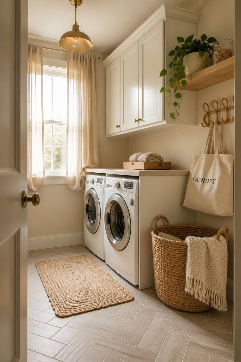 Bright laundry room featuring a front-loading washer and dryer, white cabinetry, and a woven basket for laundry essentials.