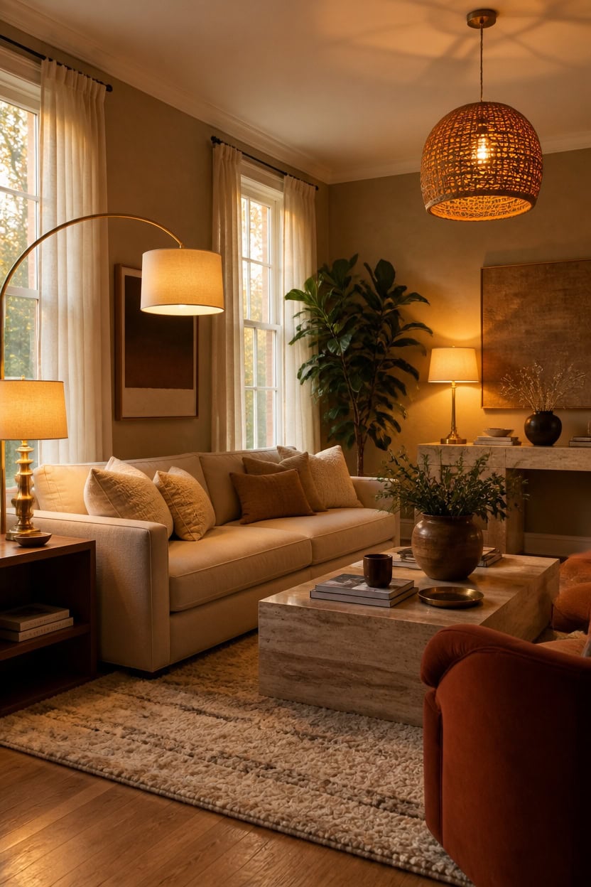 Cozy living room featuring a beige sofa, warm lighting, and elegant decor, perfect for relaxing in a stylish apartment.