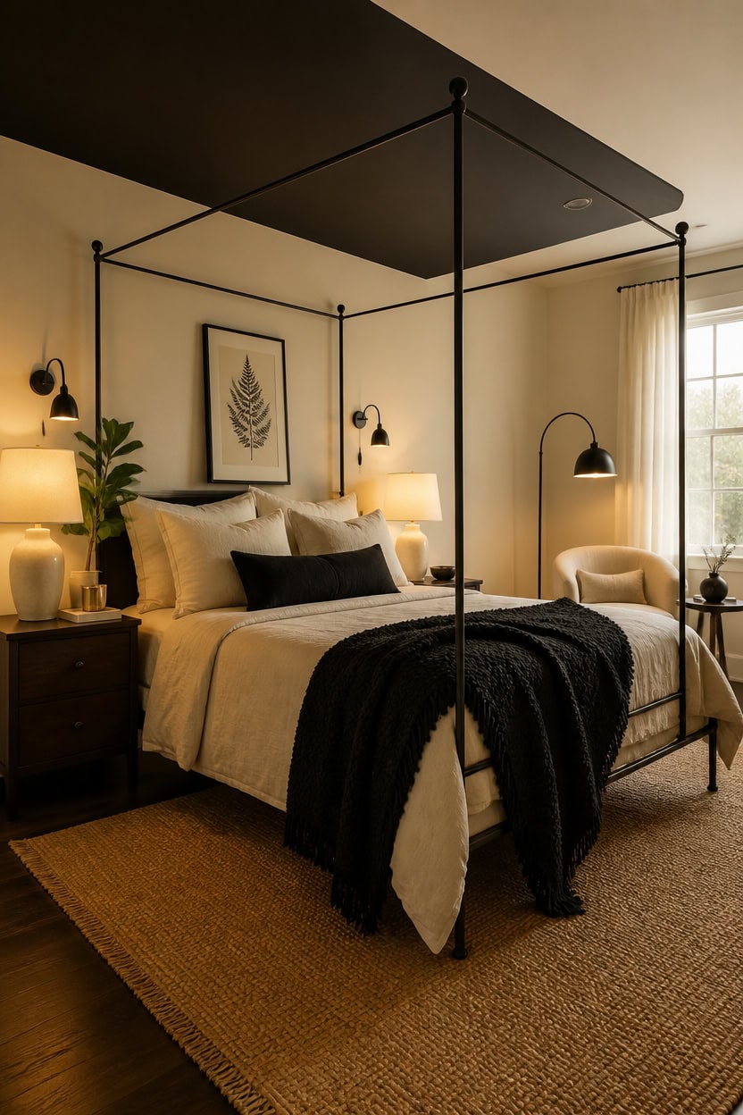 Canopy bed in a stylish bedroom with warm lighting, framed artwork, and cozy seating area, creating.
