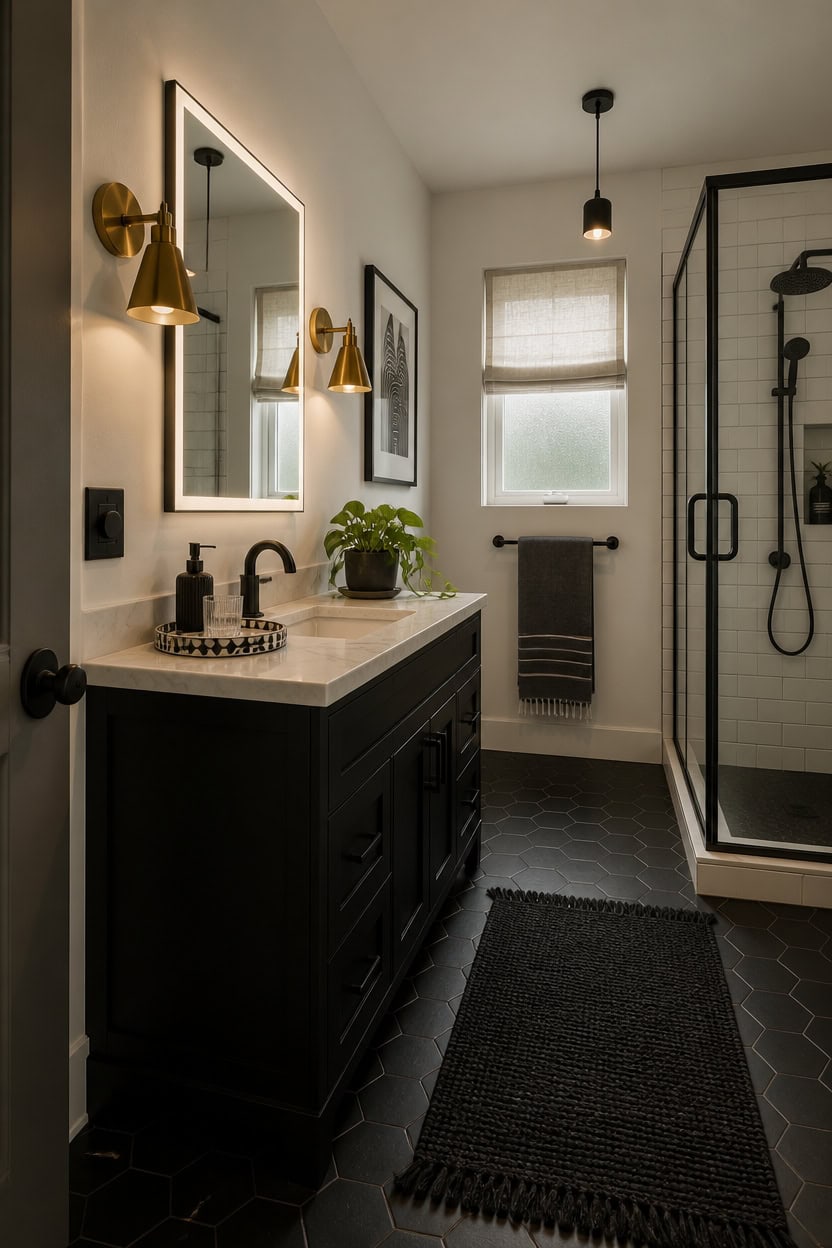 Bright bathroom featuring black vanity, stylish mirror, and walk-in glass shower.