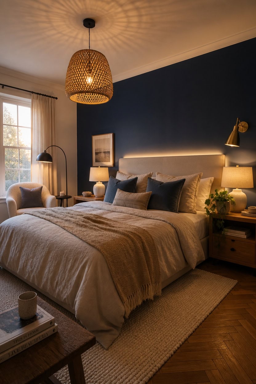 Bright and inviting bedroom with a large bed, stylish lamps, and a dark accent wall, perfect for rel.
