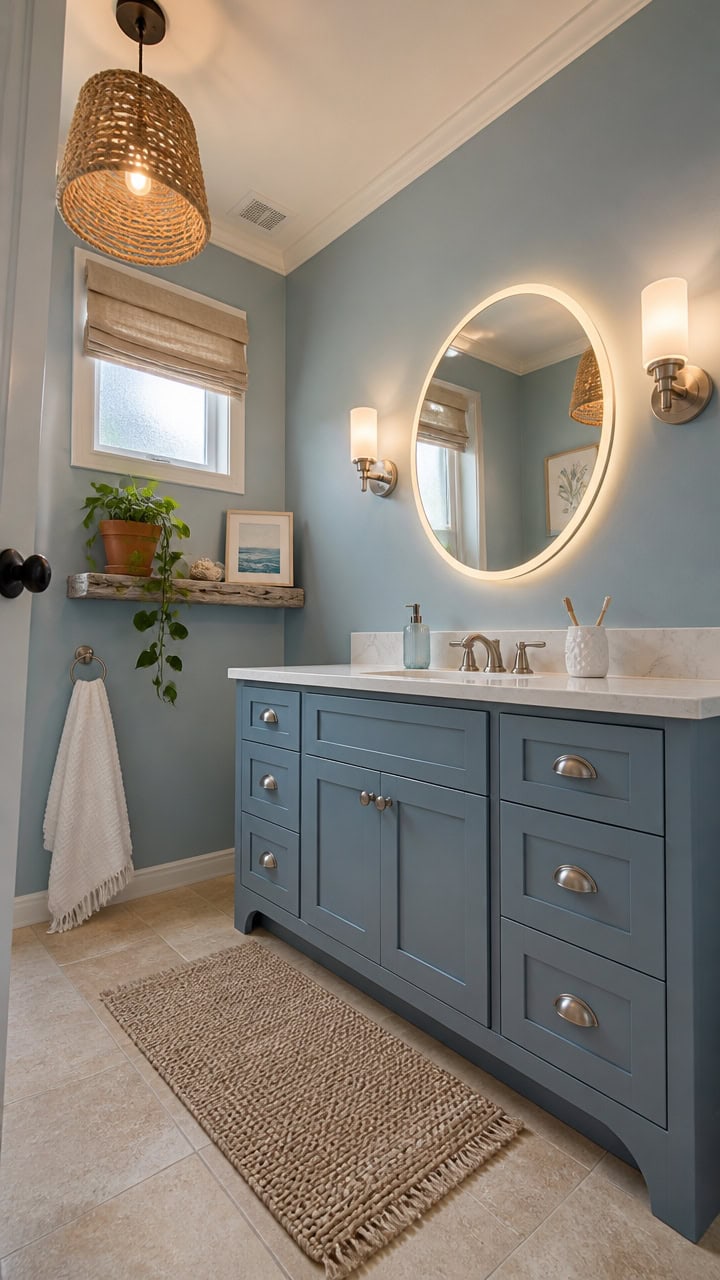 Bright blue bathroom vanity with a round illuminated mirror and modern fixtures. Features a window with a plant and decorativ.