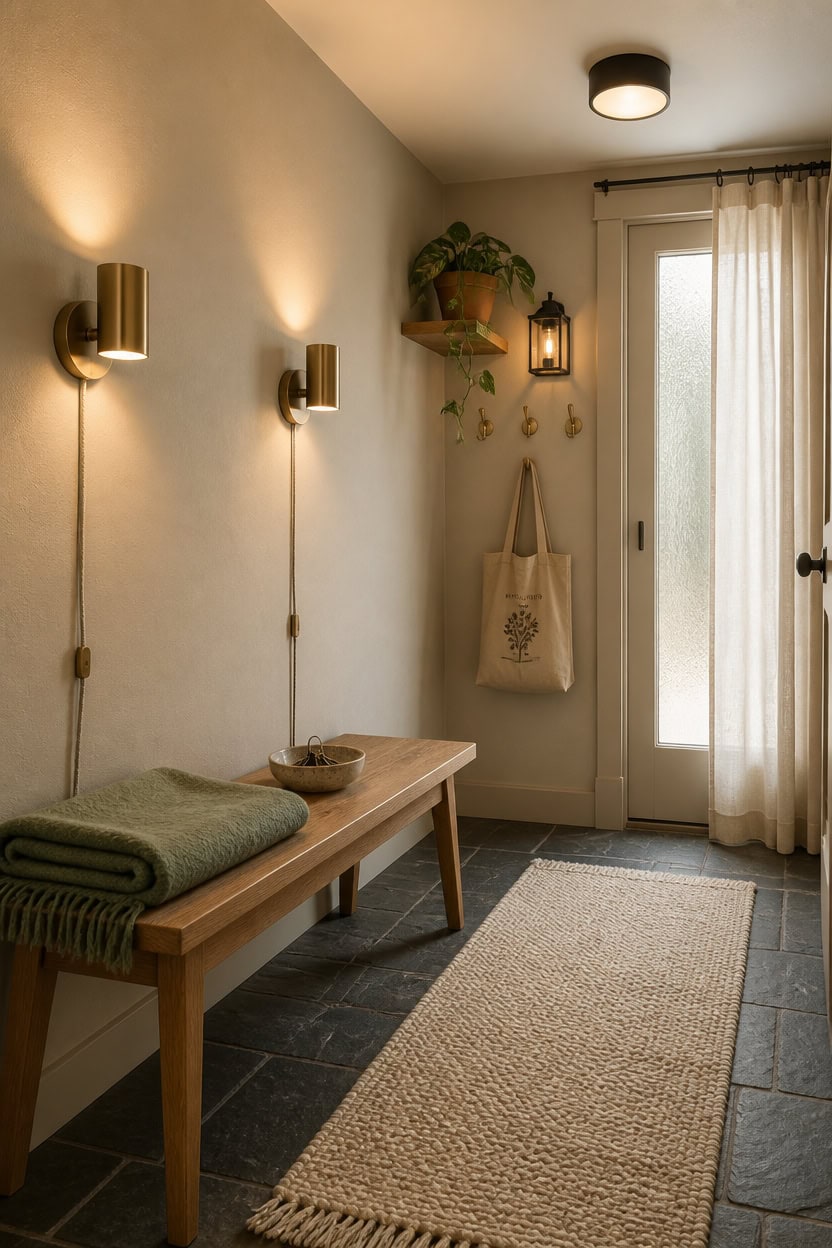 Bright entryway featuring wall sconces, a wooden bench, and a glass door with curtains. Perfect for apartment living and welc.