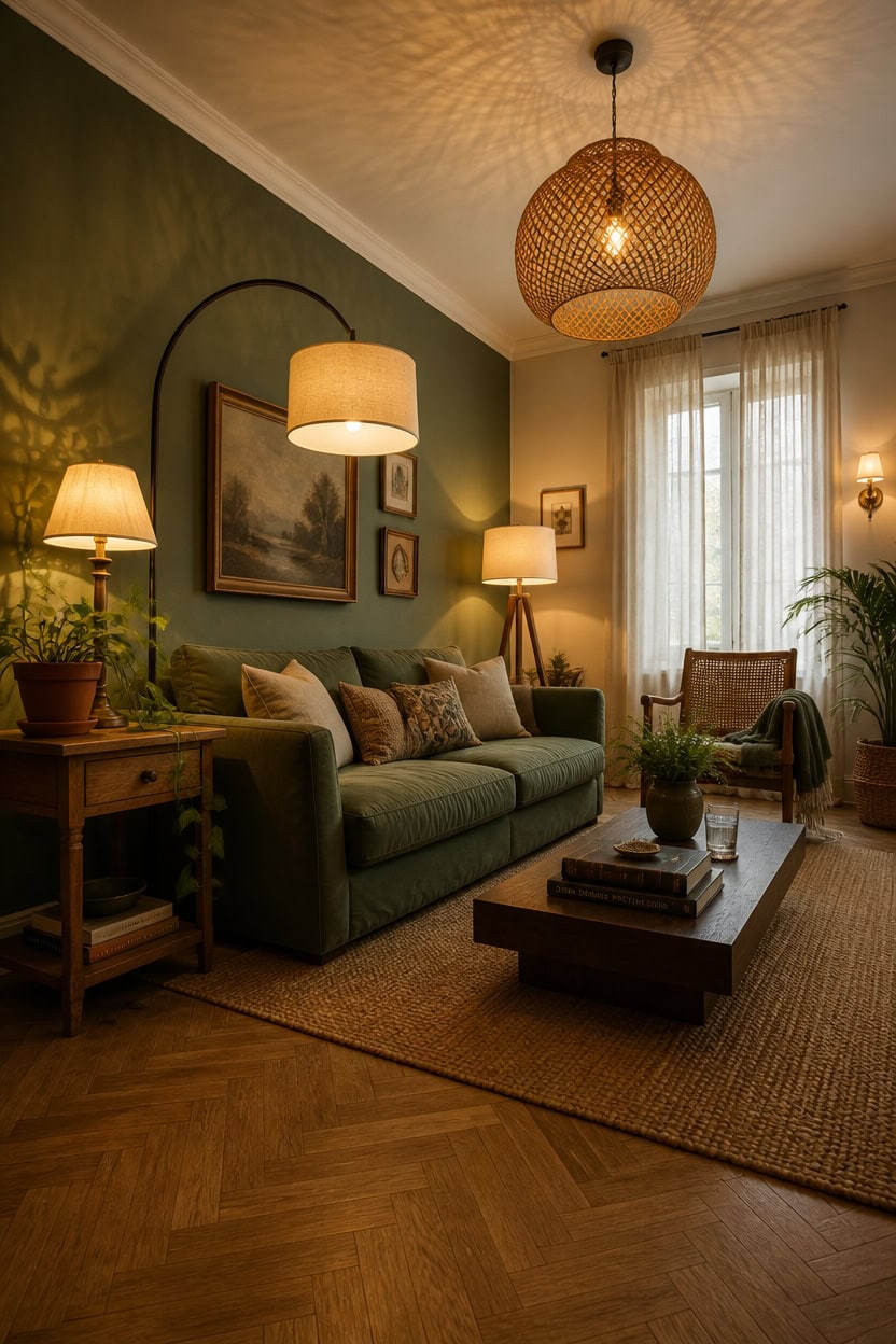 Inviting living room with green walls, warm lighting, and comfortable furniture.