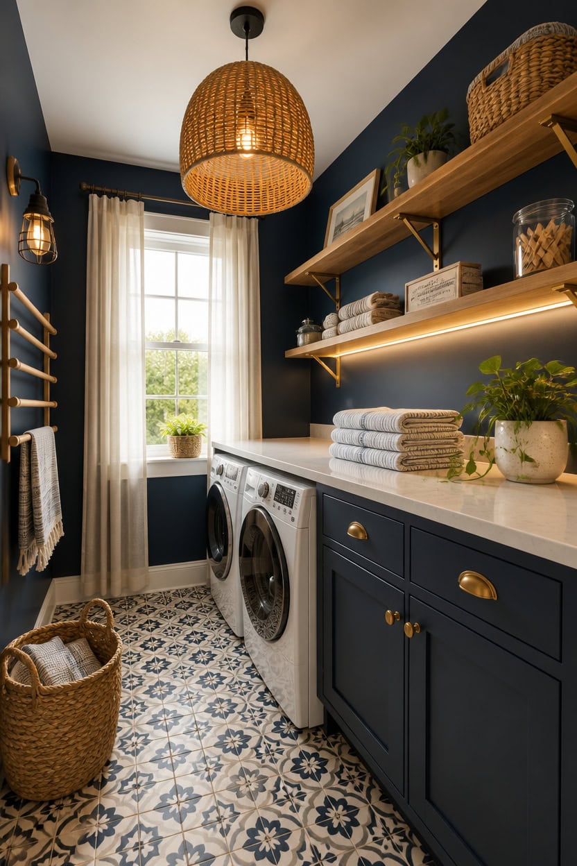 Bright laundry room featuring navy blue cabinets, a large window with white curtains, and stylish de.