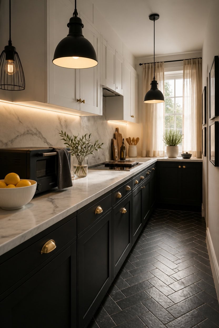Contemporary kitchen featuring black cabinets, white countertops, pendant lighting, and natural ligh.