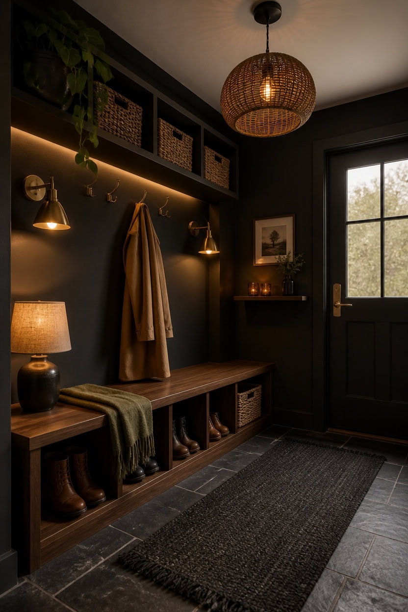 warm layered lighting dark finishes