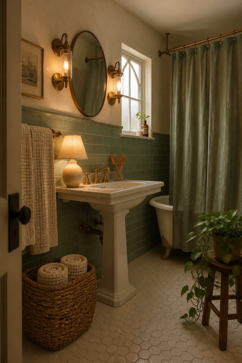 Vintage bathroom with green tiles, pedestal sink, and cozy decor.