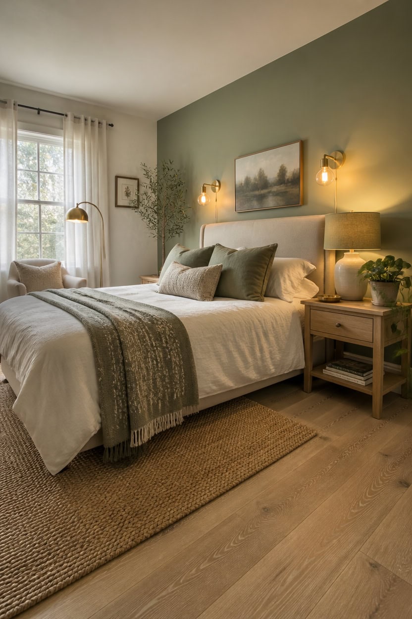 Bright bedroom with large window, cozy bed, and stylish decor in a modern apartment.