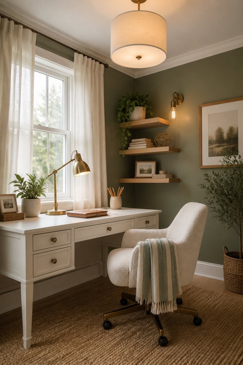 Bright home office with green walls, large window, white desk, and comfortable chair for productive.