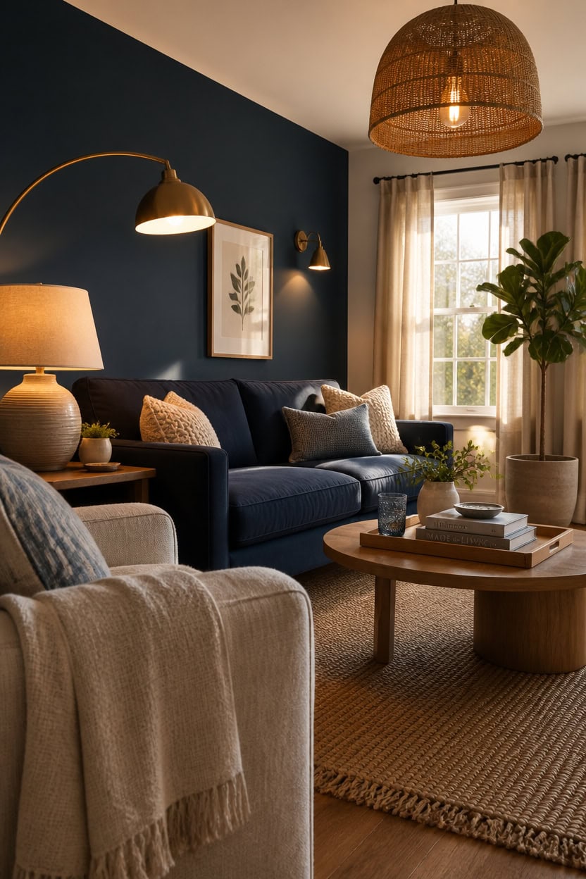 Bright and inviting living room with navy blue walls, stylish decor, and abundant natural light. Per.