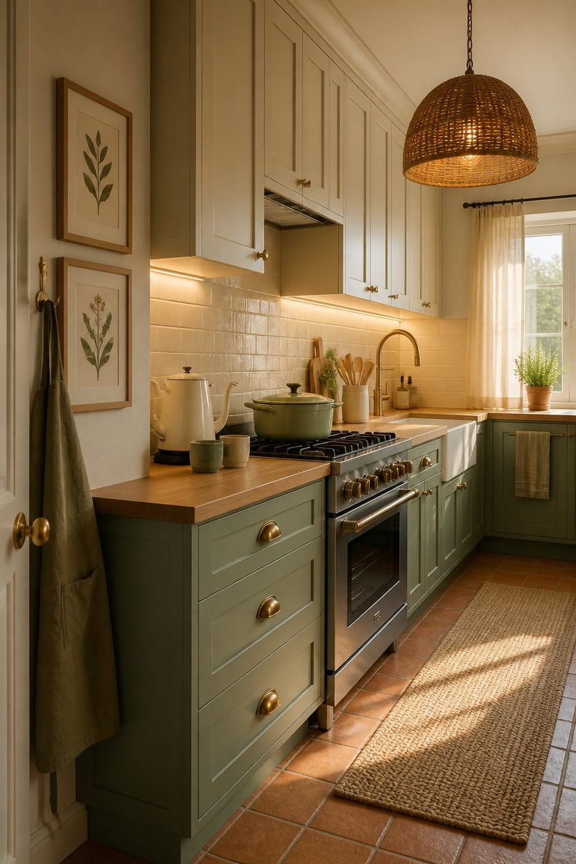 Bright and inviting kitchen with green cabinetry, wooden countertops, and natural sunlight streaming.