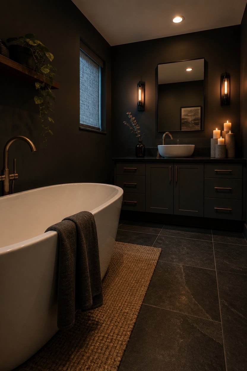 Elegant bathroom featuring a freestanding bathtub, dark walls, and ambient lighting for a luxurious spa-like atmosphere.