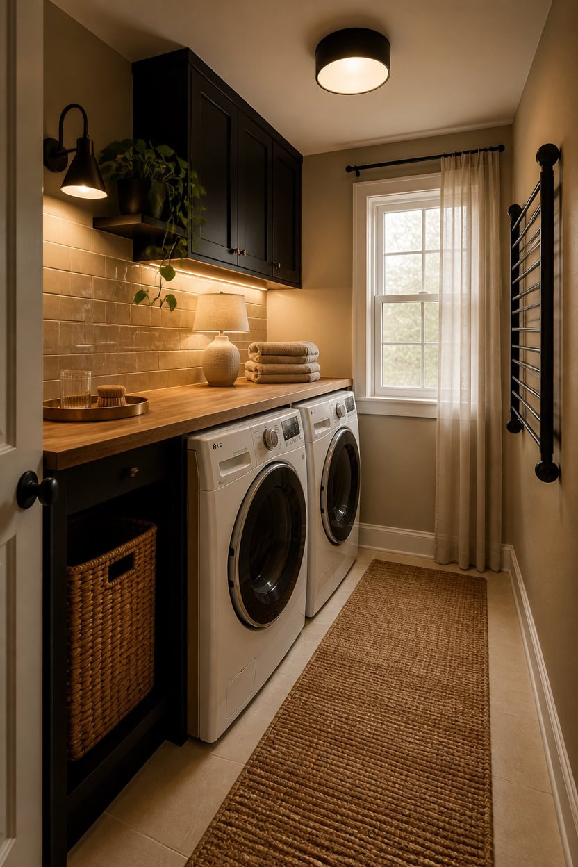 Laundry room with washer, dryer, and storage cabinets in a modern apartment.