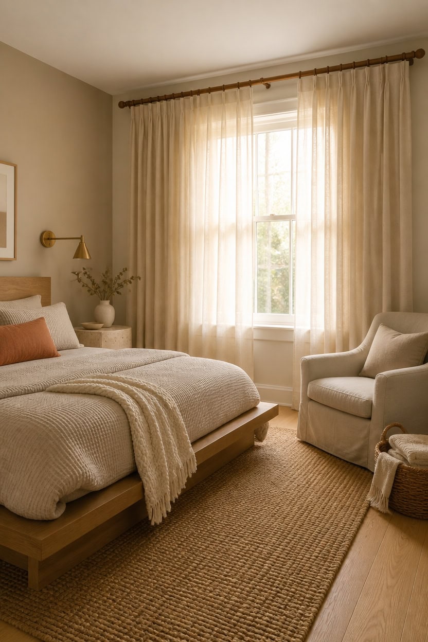 Bright and inviting bedroom featuring large window with sheer curtains, comfortable bed, and elegant decor.