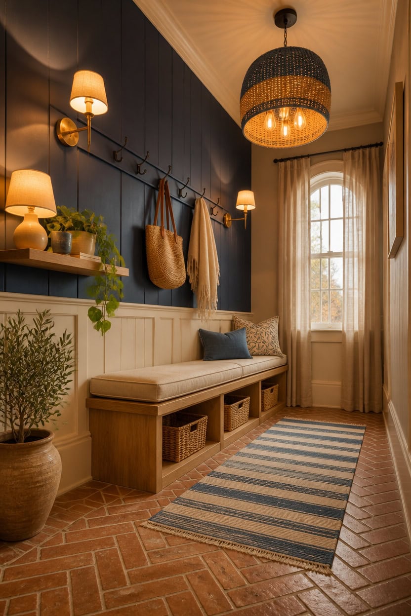 Charming entryway featuring a wooden bench, wall hooks, and warm lighting, creating a welcoming atmo.