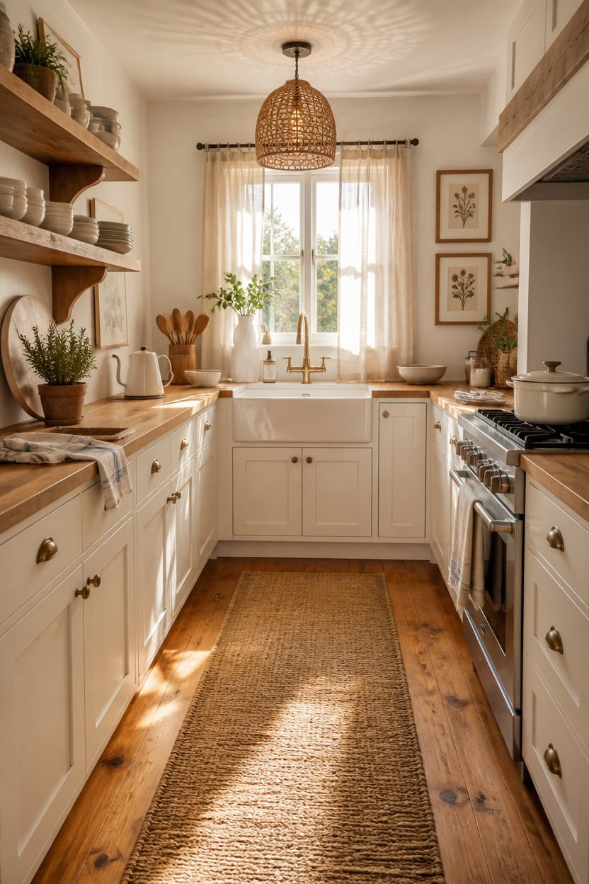 Bright farmhouse kitchen with white cabinets, wooden accents, and a large window. Features a rustic.